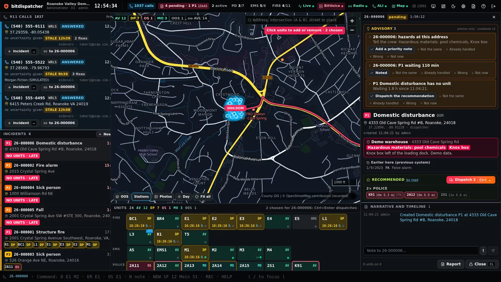 The bitdispatcher console: 911 calls and incidents on the left, the map with a domestic disturbance in the middle, and on the right the incident with its hazards (pool chemicals, Knox box), an advisory check and two police units recommended by road.