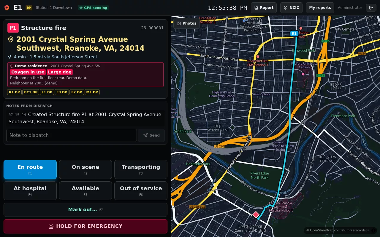 The mobile terminal for Engine 1: a structure fire with its route, hazards, notes and status buttons.