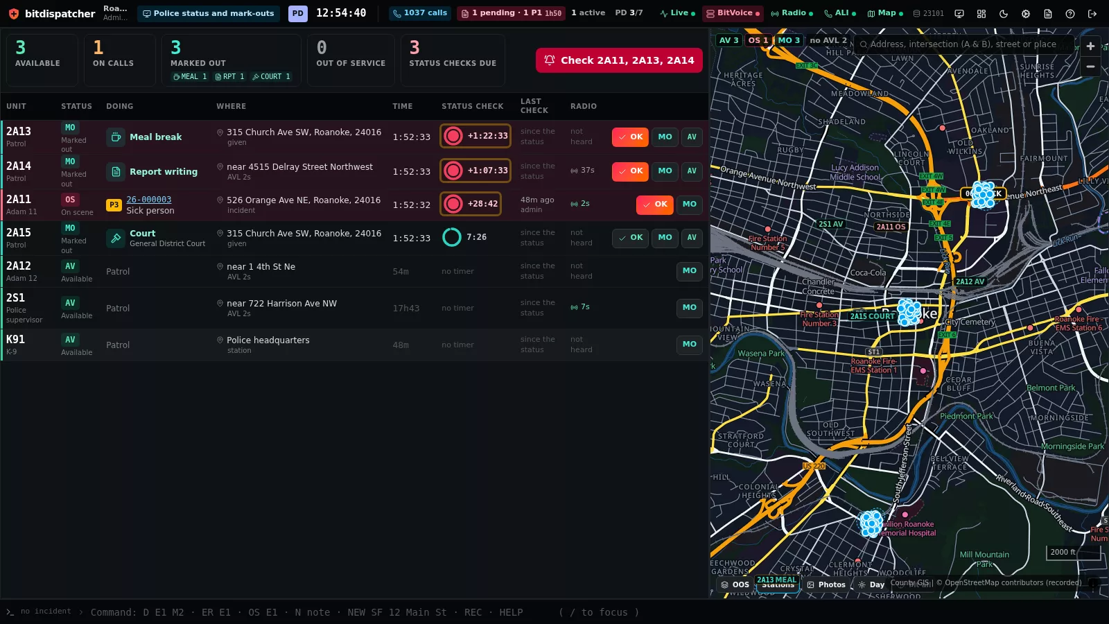 The police board: each unit with its status, what it is doing, where it is, its status-check timer, and OK, mark-out and available buttons.