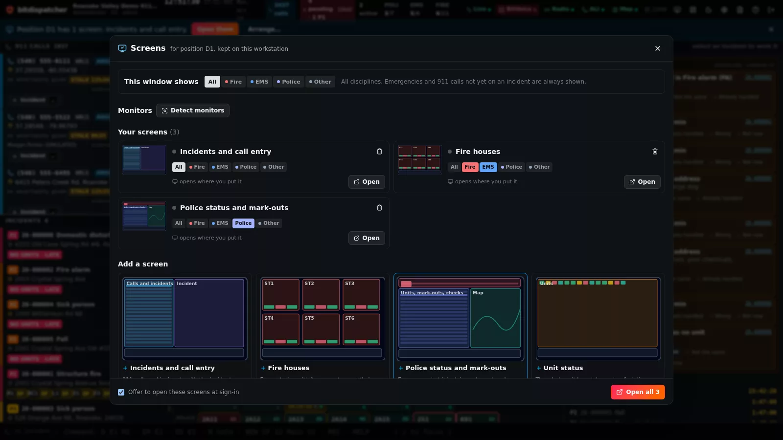 The Screens dialog: a layout for position D1 with three screens, each limited to its disciplines.